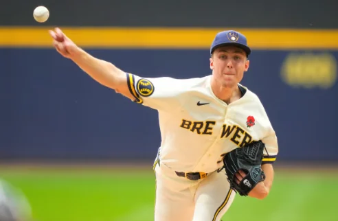 Jacob Misiorowski delivering a pitch in a Milwaukee Brewers uniform