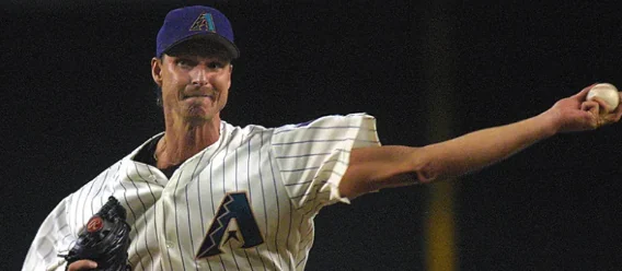 Randy Johnson releasing a pitch in an Arizona Diamondbacks uniform
